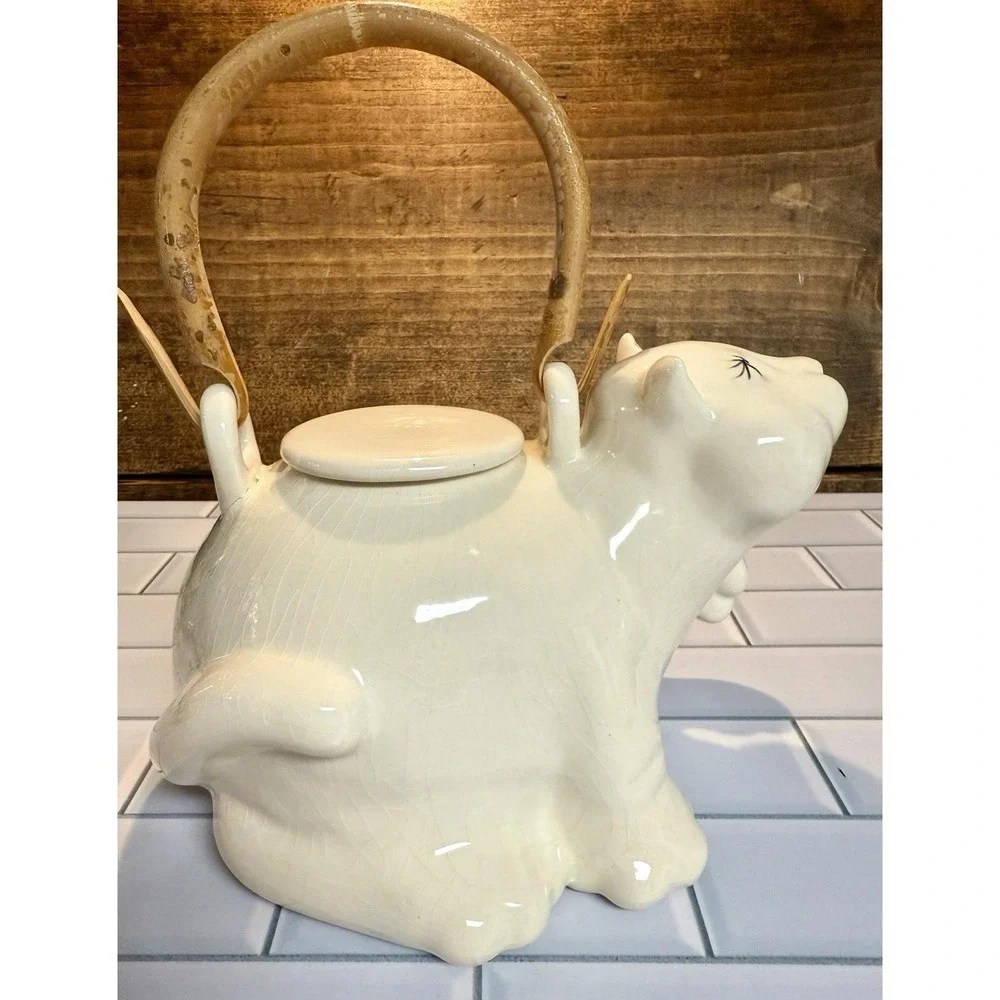 Vintage Cat Ceramic Teapot w/ Bamboo Handle Signed‎ Fumi — Crazing, Chip on Lid
